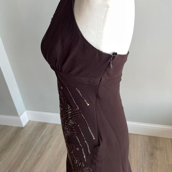 Y2K Chocolate Brown Beaded Asymmetrical Halter Dress Fairy Vintage Cocktail Sz 2 - Picture 5 of 7